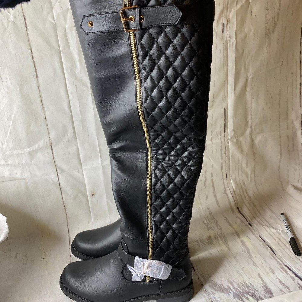West Blvd Detroit Quilted Riding Boots, Black Pu,